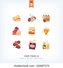 Set of vector flat fast food icons isolated on white background