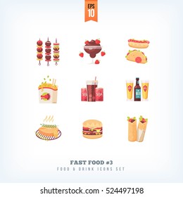 Set of vector flat fast food icons isolated on white background
