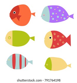 Set of vector flat fishes. Fish fresh food healthy cartoon. Isolated river fish. Vector freshwater aquarium cartoon fish. Flat design fish. Vector illustration seafood. Aquarium modern fishes. Eps 10