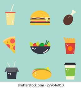 Set of vector flat food icons. Pizza, salat, coffee, french fries and hamburger