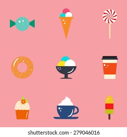 Set of vector flat food icons. Ice cream, donut, coffee, cake and candy