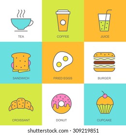 Set of vector flat food illustration. Breakfast multicolor icons, tea, coffee, juice, sandwich, fried egg, burger, croissant, donut, cupcake. Concept for breakfast menu, bar, cafe, restaurant.