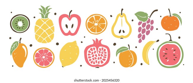 Conjunto de iconos vectoriales de fruta plana. Paquete de stickers dibujados a mano brillante y jugoso. Alimentos saludables, alimentos orgánicos, dieta, vegetarianismo y vitaminas