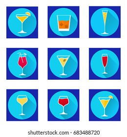 Set of  vector flat glasses with different alcoholic beverages of  martini with an olive, wine, champagne, whisky with ice cubes, cocktail with an umbrella a tubule and a segment of a lime icons