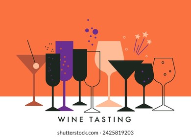 A set of vector flat glasses of wine. Cocktail, alcohol beverage. Splashes of wine, drops. Illustration for bar, cafe, restaurant menu design, event, party. Wine tasting. Modern vector elements