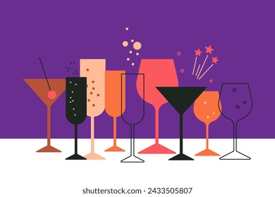 Set of vector flat glasses of wine. Cocktail, alcohol beverage, champagne and sparkler. Splashes of wine, drops. Abstract illustration for bar, cafe, restaurant menu design, event, party. Wine tasting