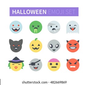 Set of vector flat  halloween emoticons. Emoji icons isolated on white background. Different emotions collection.
