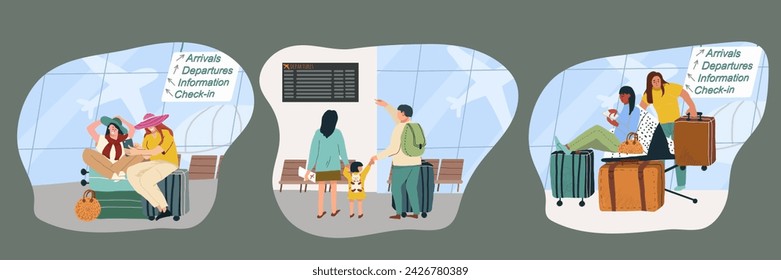 Set of vector flat hand drawn illustrations of scenes of happy passengers in the airport waiting room with luggage, departures board, airport scenes.