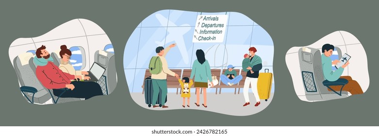 Set of vector flat hand drawn scenes of happy passengers in the airport international terminal with luggage, departure board, airport scene, airplane scenes with gadgets, sleeping passenger.