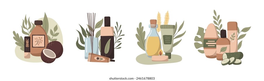 Set of vector flat hand drawn compositions with organic skincare products