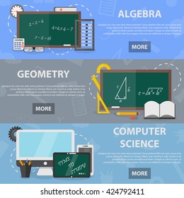 Set of vector flat horizontal banners of algebra, geometry and computer science for website and apps. Concept of mathematical science and education. Illustration of school equipment.