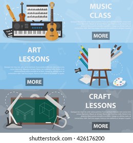 Set of vector flat horizontal banners of art and craft lessons for websites. Concept of education and creative subjects at school. Illustration of musical instruments, equipment and tools.