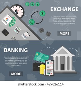 Set of vector flat horizontal banners of exchange and banking for website and apps. Business concept posters of economy, barter, marketing and finance.