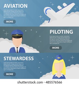 Set of vector flat horizontal banners of aviation, piloting and stewardess. Business concept of traveling, flying, airport and pilot profession.