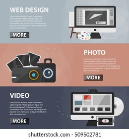 Set of vector flat horizontal banners of web design, photo and creating video for websites and apps. Business concept of creative process, production and editing.