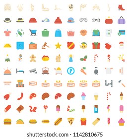 Set of vector flat icon: business, medicine, food, service, work, holidays, clothes.