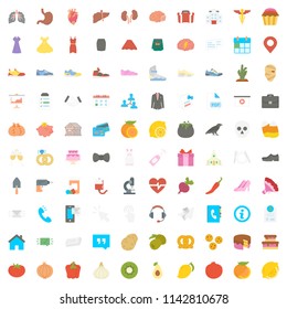 Set of vector flat icon: business, medicine, food, service, work, holidays, clothes.