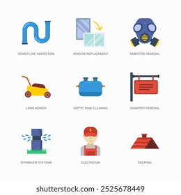 Set of Vector Flat Icons for Asbestos Removal, Lawn Mower, Septic Tank Cleaning and more. Collection of 9 House Repair Colored Editanle Symbols.