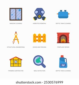 Set von Vektorflachsymbolen für Asbestentfernung, Septische Tankreinigung, Bautechnik und mehr. Sammlung von 9 Haus Reparatur gefärbte Editanle Symbole.
