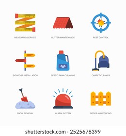 Set of Vector Flat Icons for Carpet Cleaner, Snow Removal, Alarm System and more. Collection of 9 House Repair Colored Editanle Symbols.