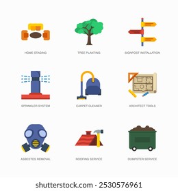 Set of Vector Flat Icons for Carpet Cleaner, Architect Tools, Asbestos Removal and more. Collection of 9 House Repair Colored Editanle Symbols.