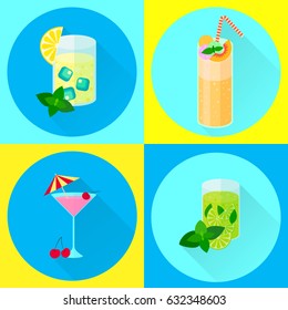 set vector flat icons, cocktails, mint, lime, peach, ice cream, cherry, lemon, ice