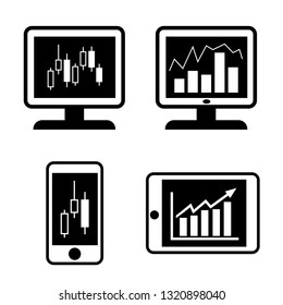 Set of vector flat icons: computer monitor, smartphone and tablet. Desktop, mobile and tablet screens with analitic data and trading charts. Black silhouettes isolated on white background.