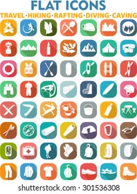 Set of Vector flat icons with different outdoor, caver and watersport gear