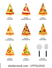 Set vector flat icons with differents varieties of pizza. Tools for pizza. Top view.