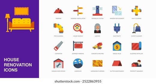 Set of Vector Flat Icons for Duct Cleaning, Pipe Cleaning, House Search and more. Collection of 20 House Repair Colored Editanle Symbols.