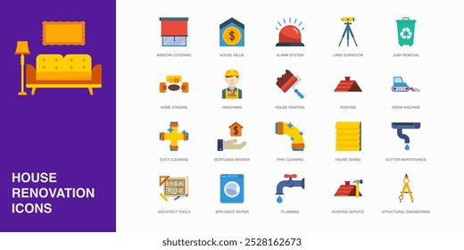 Set of Vector Flat Icons for Duct Cleaning, Mortgage Broker, Pipe Cleaning and more. Collection of 20 House Repair Colored Editanle Symbols.