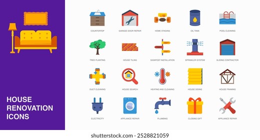 Set of Vector Flat Icons for Duct Cleaning, House Search, Heating And Cleaning and more. Collection of 20 House Repair Colored Editanle Symbols.