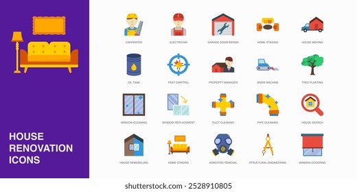 Set of Vector Flat Icons for Duct Cleaning, Pipe Cleaning, House Search and more. Collection of 20 House Repair Colored Editanle Symbols.