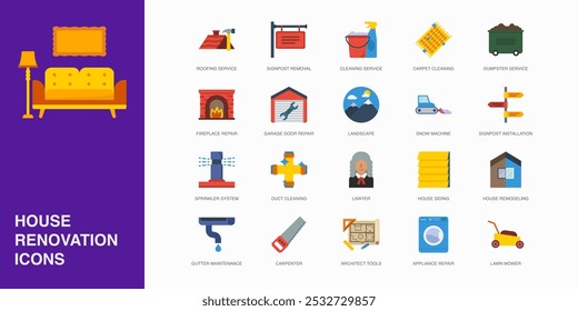 Conjunto de iconos planos de Vector para la limpieza de conductos, abogado, revestimiento de la casa y más. Colección de 20 símbolos editables de color de reparación de la casa.