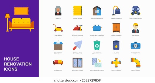 Set of Vector Flat Icons for Duct Cleaning, Pipe Cleaning, Lawyer and more. Collection of 20 House Repair Colored Editanle Symbols.