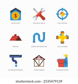 Conjunto de iconos planos de Vector para la limpieza de conductos, mantenimiento de canaletas, marco de la casa y más. Colección de 9 Símbolos Editables Coloreados de House Repair.