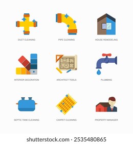 Set of Vector Flat Icons for Duct Cleaning, Pipe Cleaning, House Remodeling and more. Collection of 9 House Repair Colored Editanle Symbols.