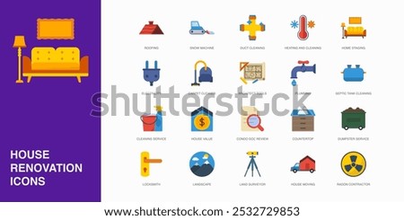 Set of Vector Flat Icons for Duct Cleaning, Heating And Cleaning, Home Staging and more. Collection of 20 House Repair Colored Editanle Symbols.