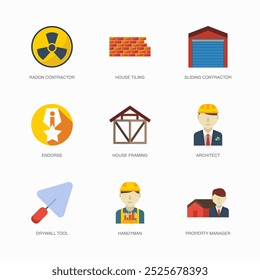 Set of Vector Flat Icons for Endorse, House Framing, Architect and more. Collection of 9 House Repair Colored Editanle Symbols.