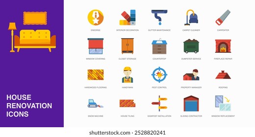 Set of Vector Flat Icons for Endorse, Interior Decoration, Gutter Maintenance and more. Collection of 20 House Repair Colored Editanle Symbols.