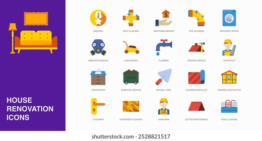 Conjunto de iconos planos de Vector para endosar, limpieza de conductos, corredor hipotecario y más. Colección de 20 símbolos editables de color de reparación de la casa.