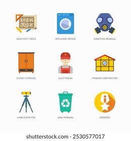 Set of Vector Flat Icons for Endorse, Architect Tools, Appliance Repair and more. Collection of 9 House Repair Colored Editanle Symbols.