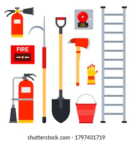 Set Vector Flat Icons Of Fire Fighting Equipment. Fire Safety Facilities Isolated On White Backdrop.