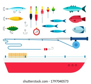 Set vector flat icons of fishing gear. Different equipment for fishing enthusiasts.