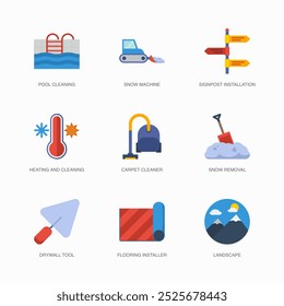 Set of Vector Flat Icons for Heating And Cleaning, Carpet Cleaner, Snow Removal and more. Collection of 9 House Repair Colored Editanle Symbols.