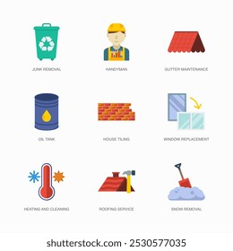 Set of Vector Flat Icons for Heating And Cleaning, Roofing Service, Snow Removal and more. Collection of 9 House Repair Colored Editanle Symbols.