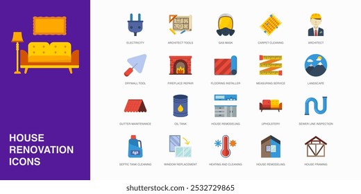 Set von Vektorflachsymbolen für Heizung und Reinigung, Umbau von Häusern, Einrahmung von Häusern und mehr. Sammlung von 20 Haus Reparatur farbigen Editanle Symbole.