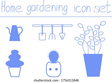 
Set of vector flat icons of home gardening: pot plants, succulent, cactus, watering can, garden tools
