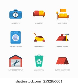 Conjunto de iconos planos de Vector para la preparación del hogar, reparación de electrodomésticos, cortadora de césped y más. Colección de 9 Símbolos Editables Coloreados de House Repair.