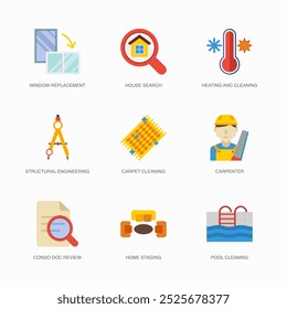 Set of Vector Flat Icons for House Search, Heating And Cleaning, Structural Engineering and more. Collection of 9 House Repair Colored Editanle Symbols.